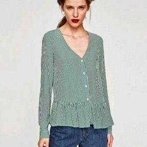 ZARA Trafaluc xsmall stripe green white peplum long sleeve blouse shirt